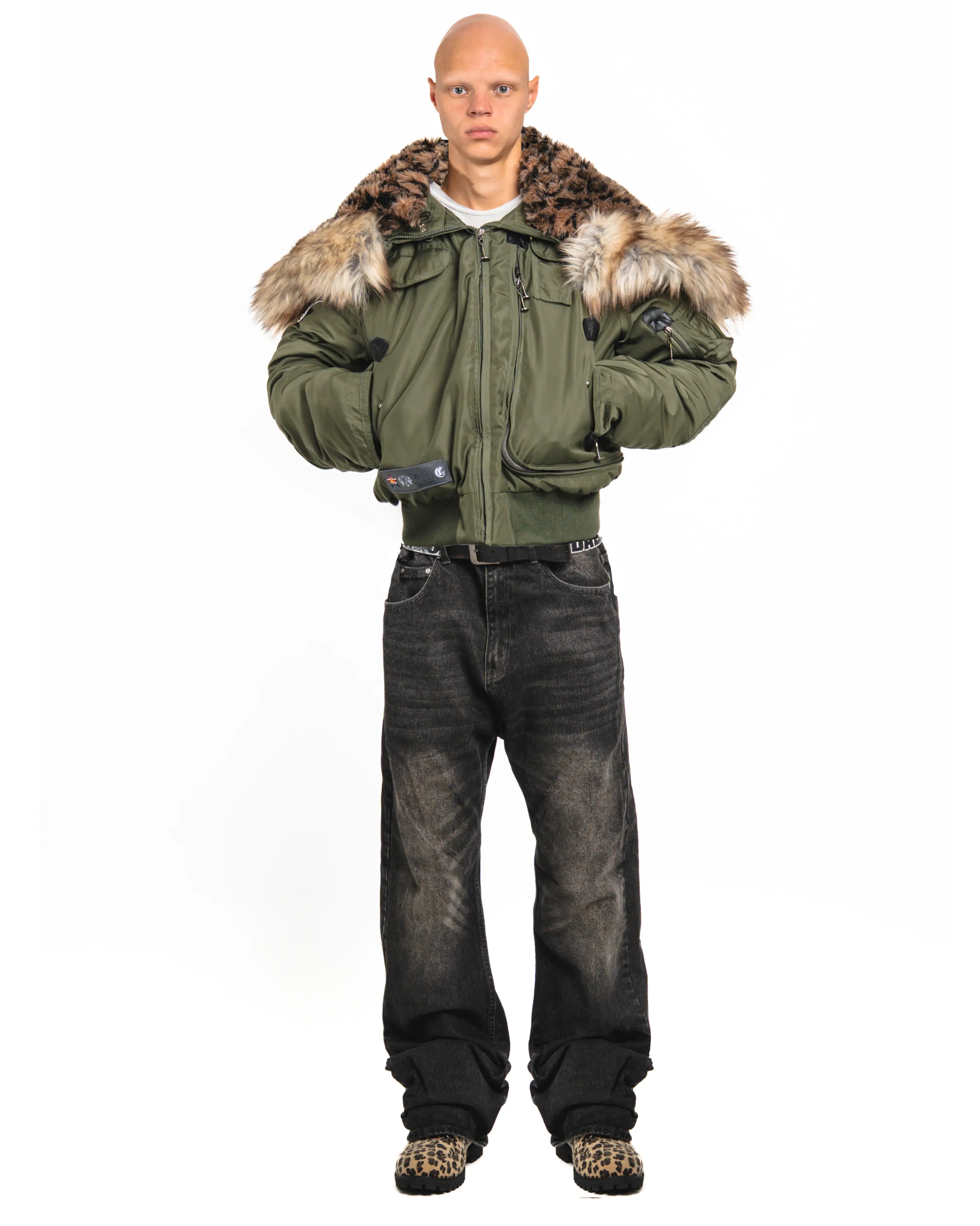 Khaki Leopard Fur Hooded Jacket